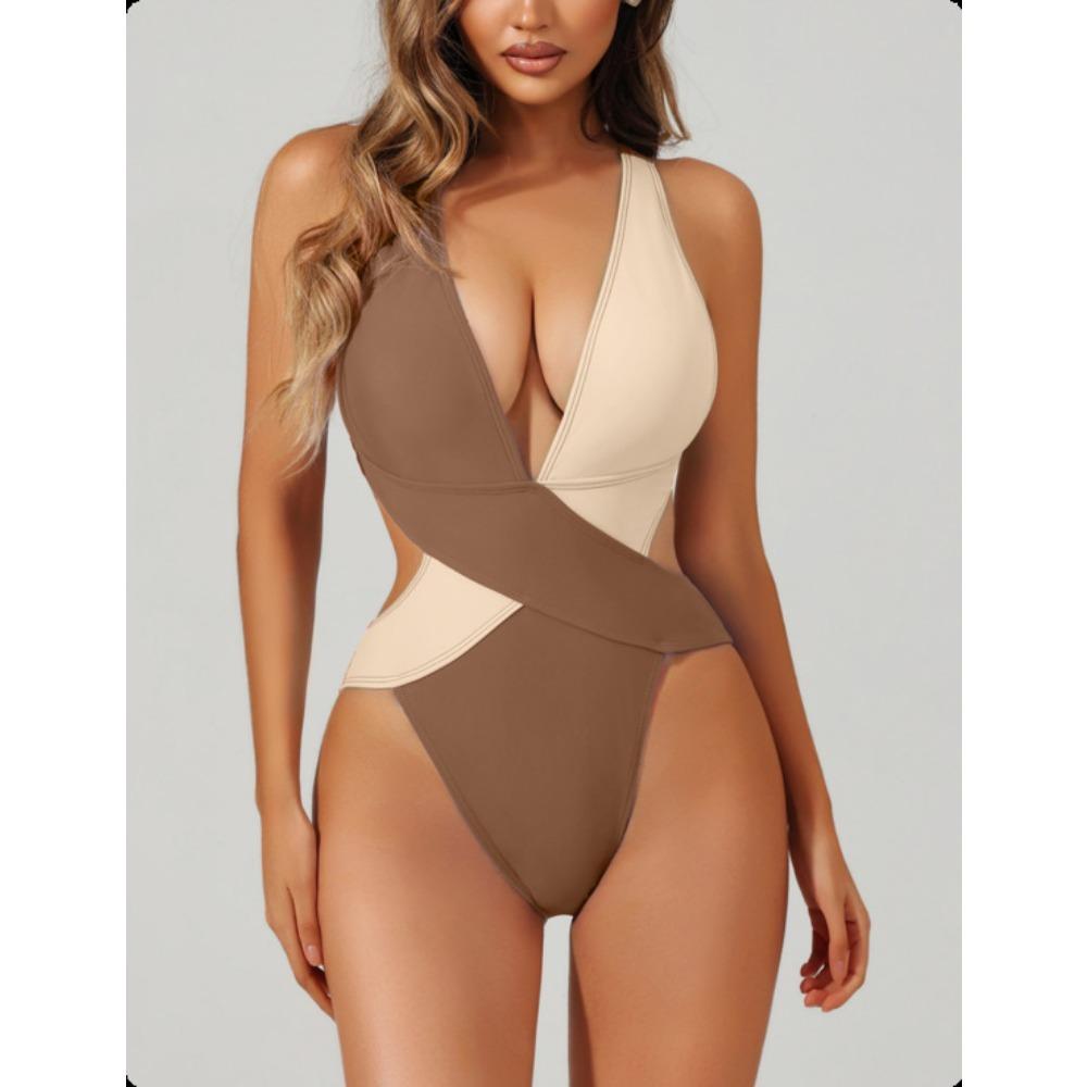 New One-piece Swimsuit Splicing Bikini European and American Swimsuit Women's Cross Swimsuit Color Matching Bikini64