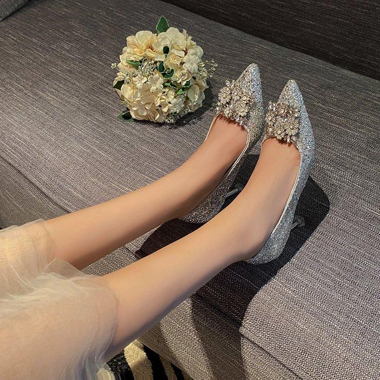 

Французские туфли-лодочки на высоком каблуке с пайетками и стразами для женщин, Тонкий каблук, Однотонные туфли в сказочном стиле, Свадебные хрустальные туфли для невесты 40