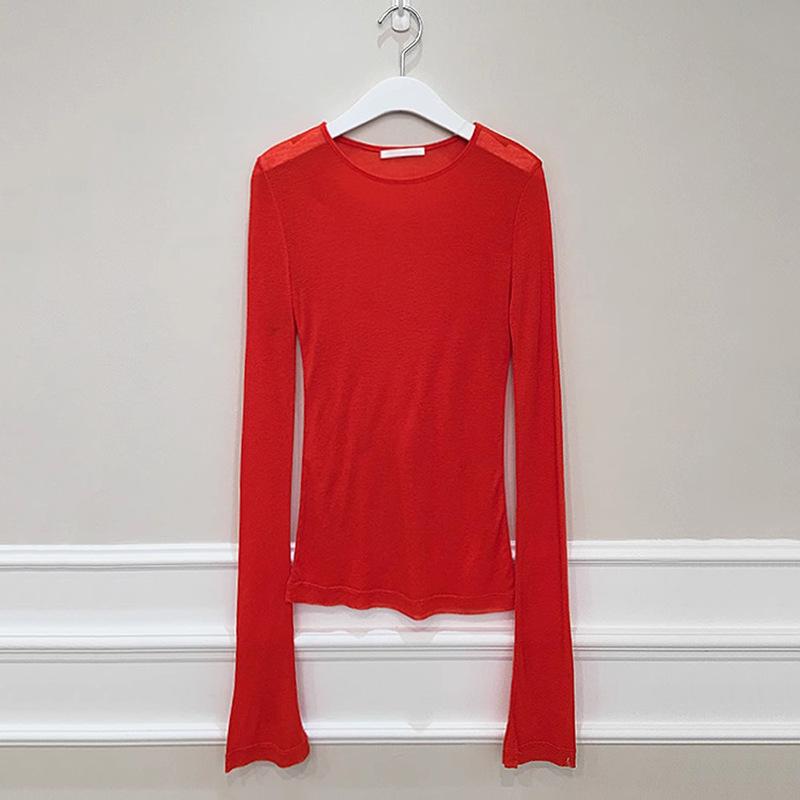 

Сексуальная футболка с круглым вырезом и длинными рукавами, мягкие облегающие слегка прозрачные женские футболки, весенне-осенние повседневные футболки 2125-7 One Size красный