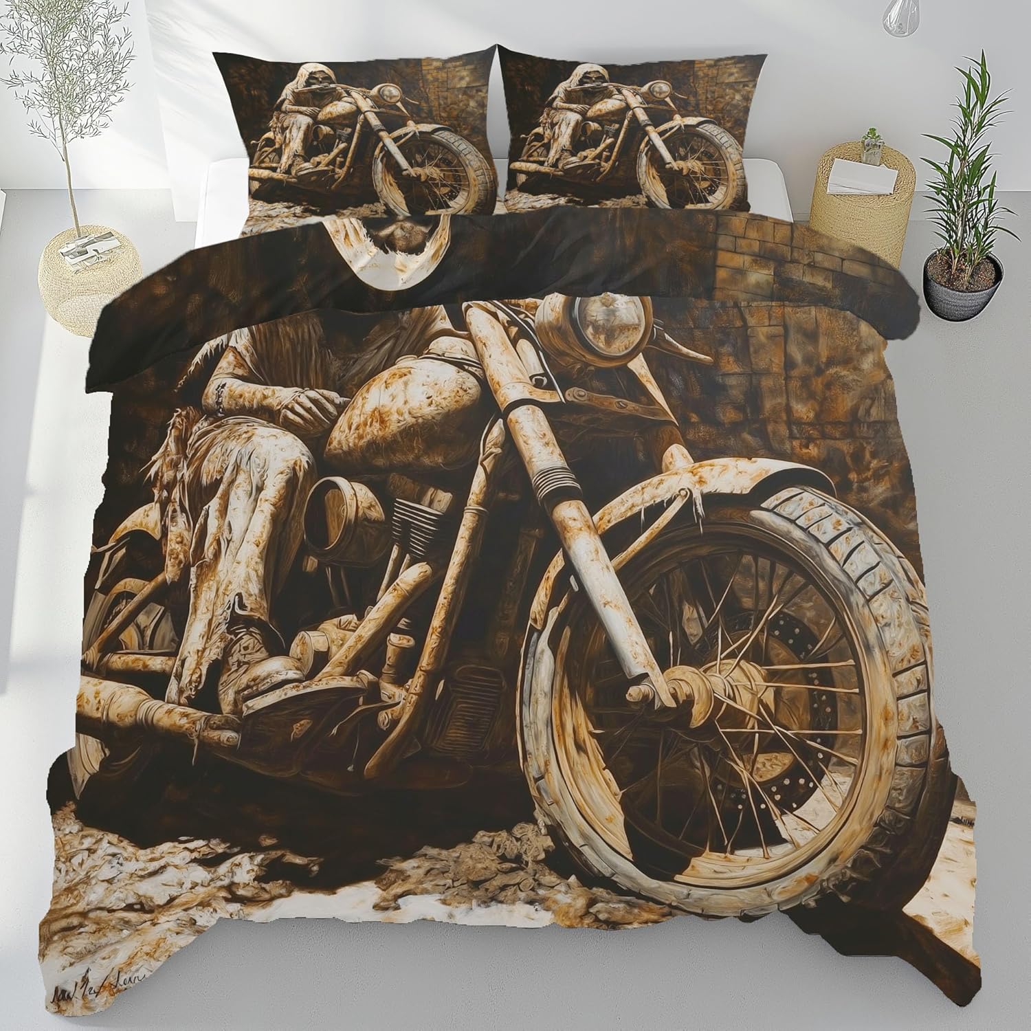 

Flame Motorcycle Pattern Bedding Set, Motorcycle Duvet Cover with Pillowcase and Zipper,Soft Kids Teen Boys Bedding Set 2 Pcs 135*200cm