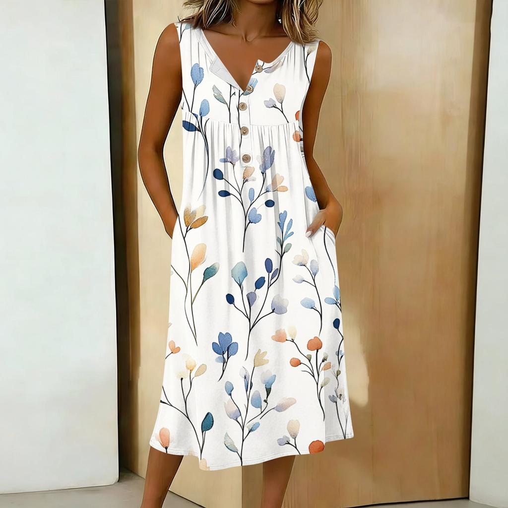 Women's Casual Sleeveless Button-down Mid-length Dress