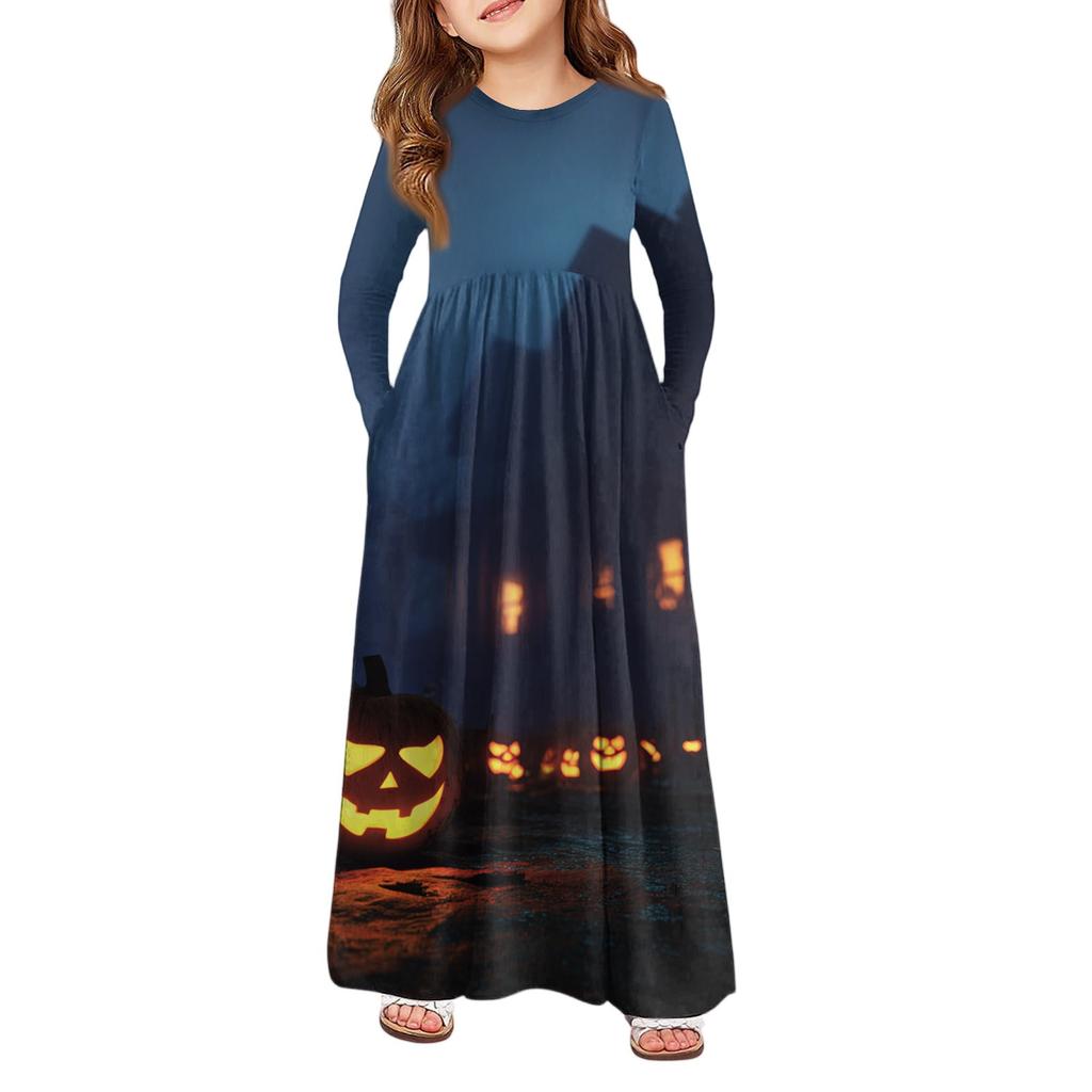 Girls' Maxi Dress Halloween Day- Long Sleeve Pocket Dress