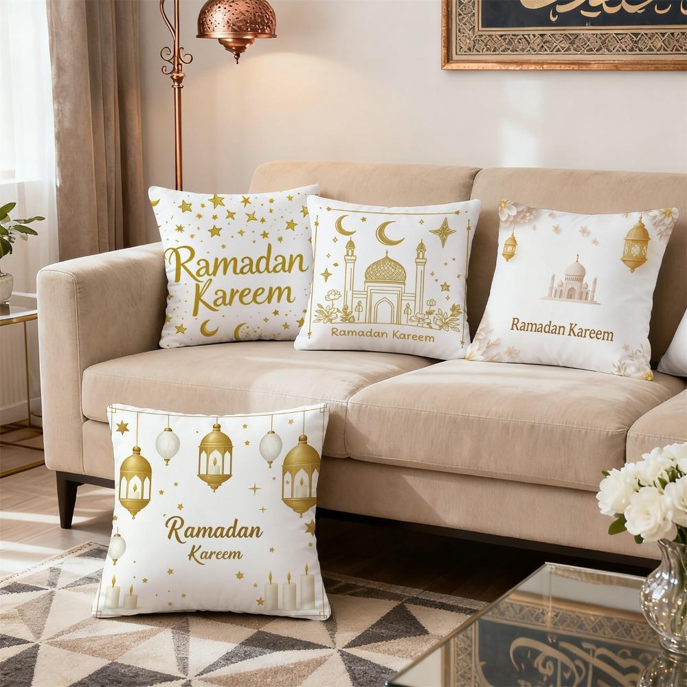 4Pcs Ramadan Karim Themed Cushion Covers with Lanterns and Crescent Moon Sofa Cushion Cover Islamic Muslim Home Decoration