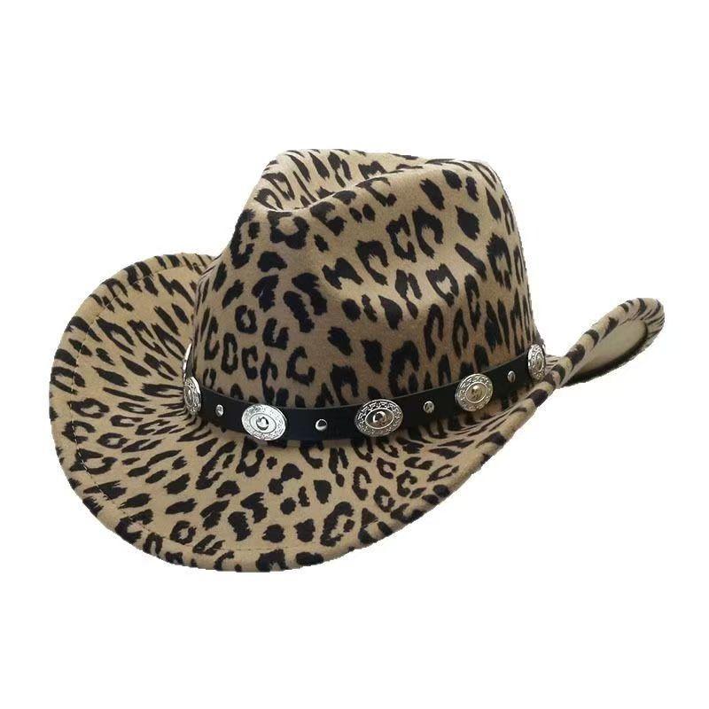Chapeau de cowboy imprimé léopard mode Chapeau de cow-boy western extérieur grande tête Automne et Hiver Casquette jazz Chapeaux hauts en feutre rétro français britannique