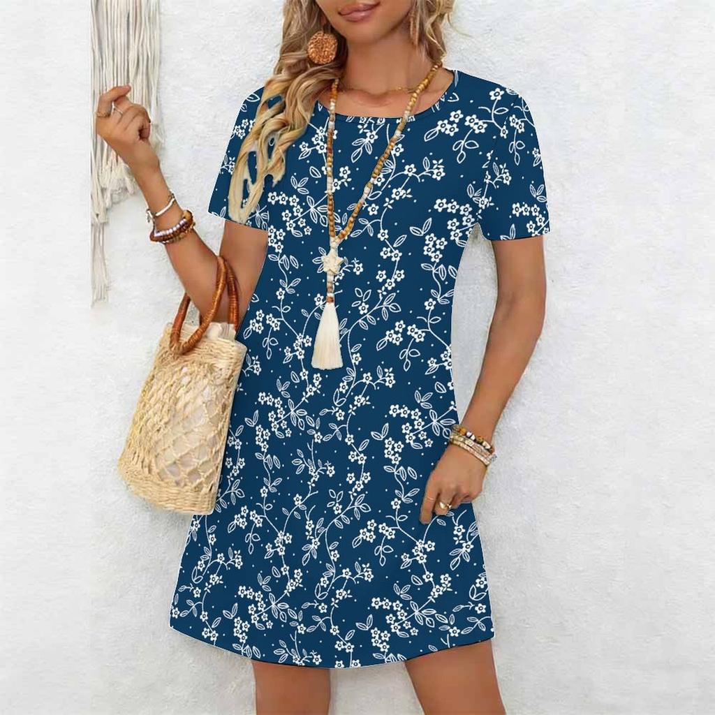 Moda damska Eleganckie piękne kwiatowe nadruki Lato Wiosna Krótki rękaw O-Neck Sukienki codzienne