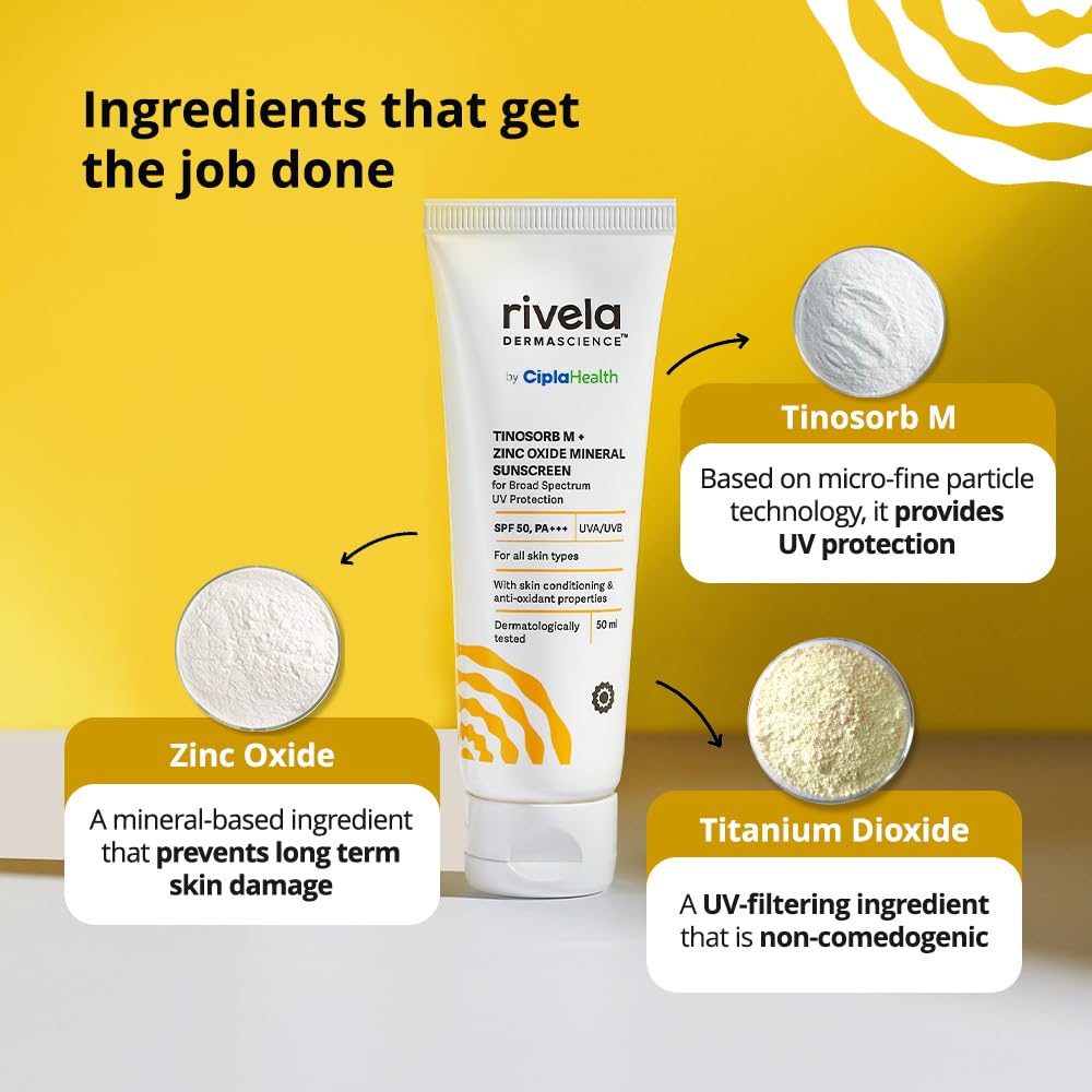 Rivela Dermascience By Cipla SPF 50, PA+++ Mineral Sunscreen Lotion With Tinosorb M, No White Cast, UVA/UVB Protection For Normal to Dry Skin, 50