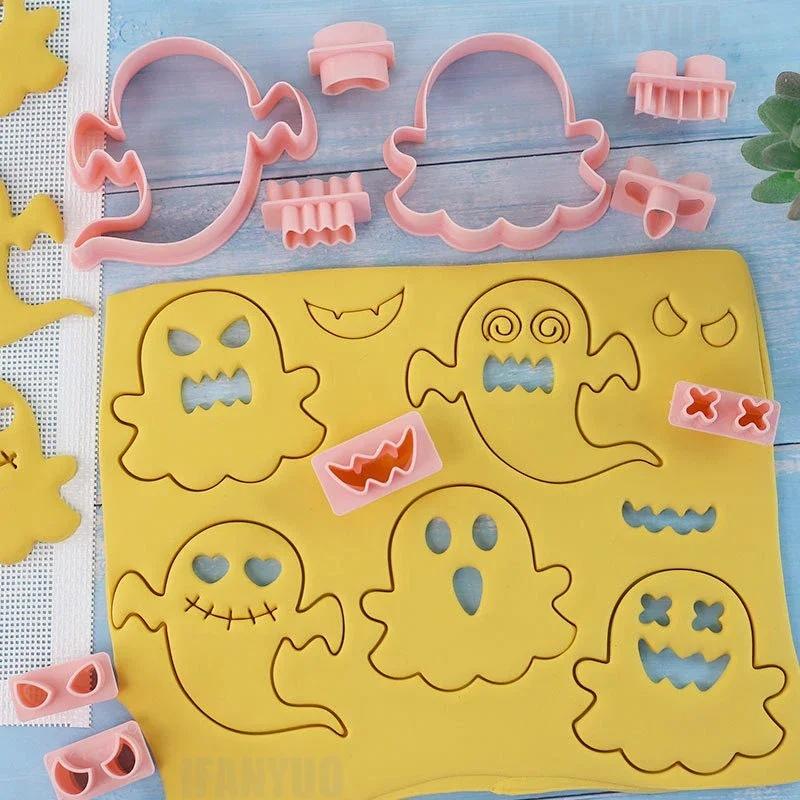 Halloween Cookie Cutters DIY 10Pcs/ Set Ghost Face Biscuit Fondant Embosser Stamp Cake Decorating Tool Baking Supplies