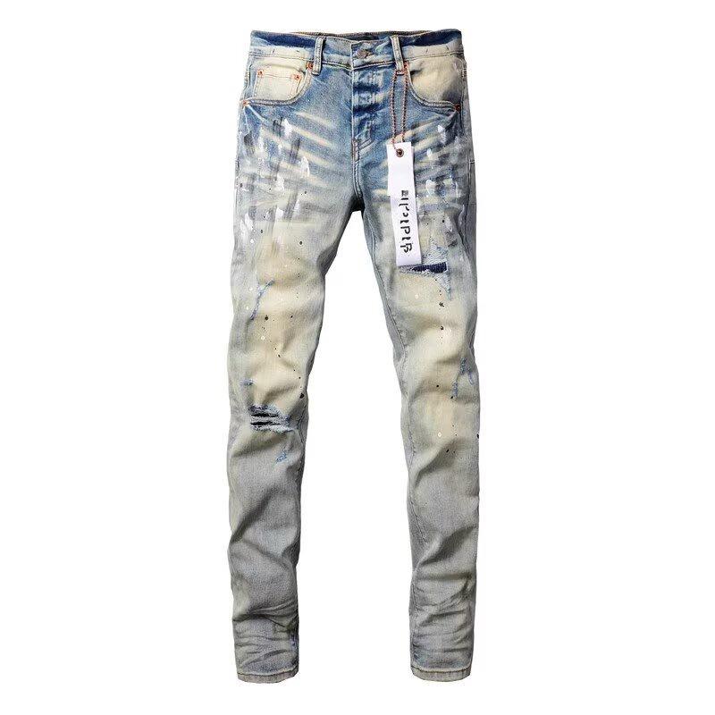 Punk Retro Blue Ripped Slim Fit Printed Men's Jeans