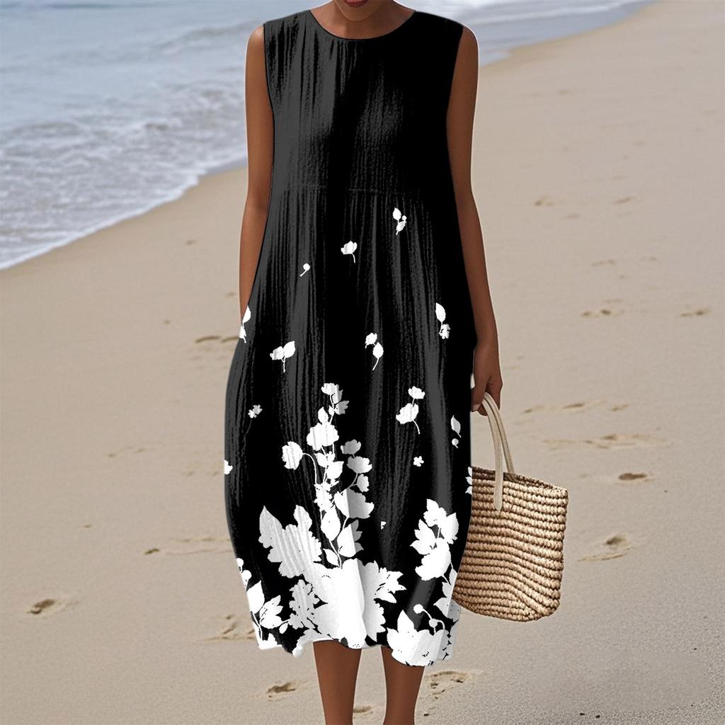 Mote dame avslappet ermeløs rund hals blomsterprint elegant temperament kjole