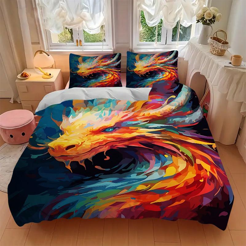 3pcs bedding set Dragon Artwork Includes 1 Comforter + 2 Pillowcases, Without Pillow Inserts, Soft Comfortable, Lightweight Breathable, Prin