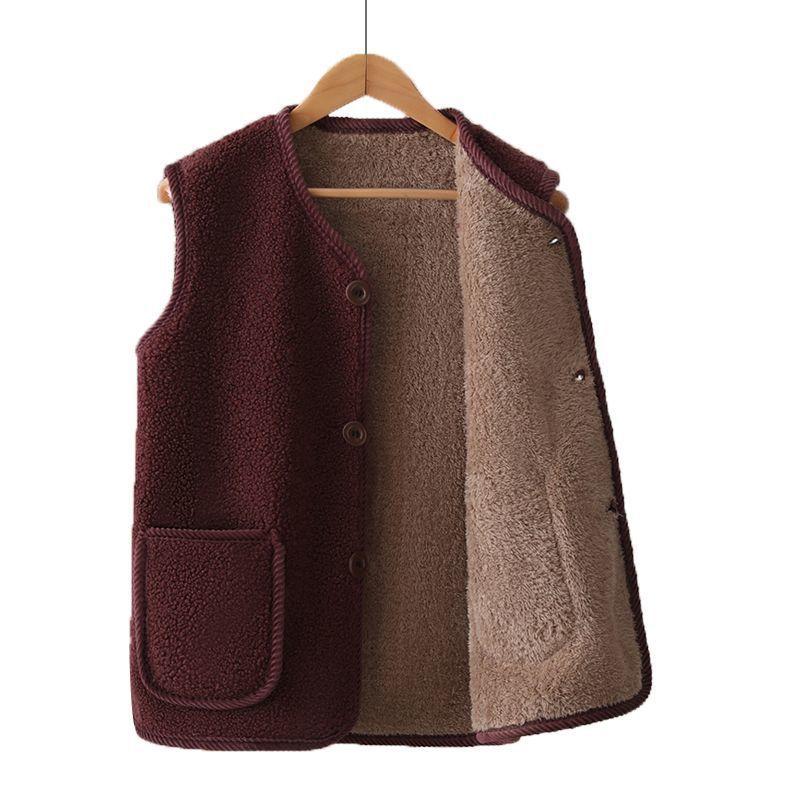 Women Autumn Winter Vest Grained Plush Vest Coat Stylish V Neck Fleece Vest Coat for Women with Double Pockets Cardigan for Wear