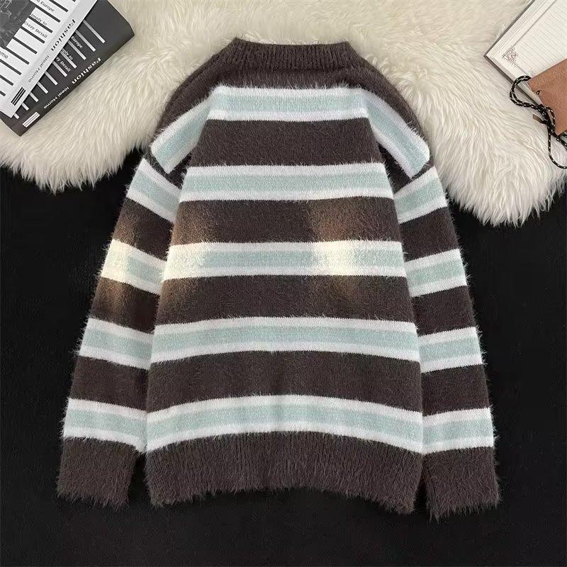 Soft waxy gentle stripes lazy wind autumn and winter new sweater men's and women's loose retro knitted sweater