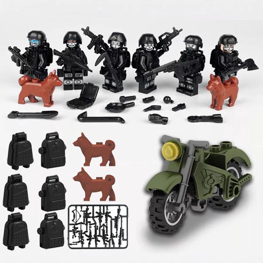 Figurine Militaire Bloc de Construction Soldat SWAT Noir Anti-Émeute Armé Moto Jouet 6 Ensembles Pyp
