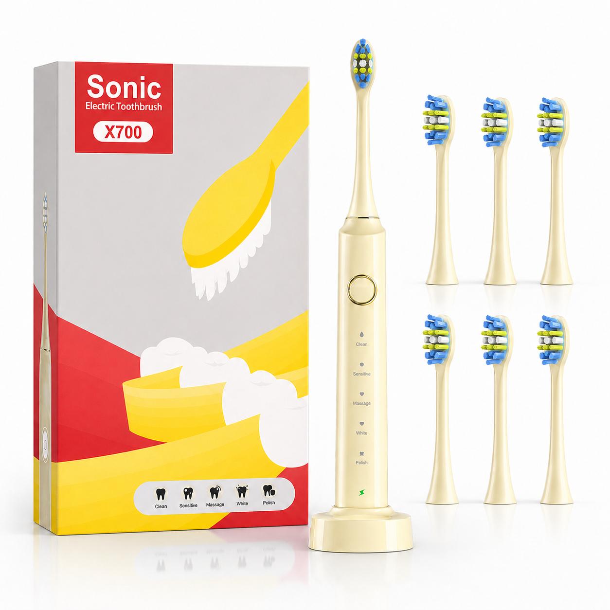 Electric Toothbrush USB Rechargeable IPX7 Waterproof 6 Brush Heads Electric Tooth Brush Powerful Sonic Toothbrush for Adult Kids жёлтый