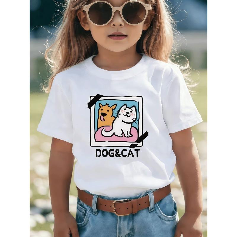 European sizes Cute Dog and White Cat Cartoon Illustration T-Shirt for Boys and Girls - Casual Crew Neck Graphic Tee, Comfortable and Breathable 110 белый