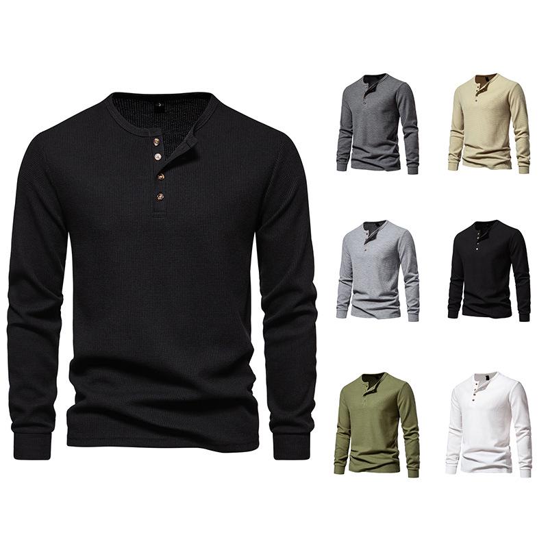 Men's Four-Button Waffle Knit Henley Long Sleeve T-Shirt