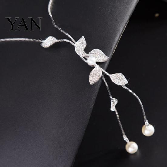 Exquisite Necklace Faux Pearl Tassel Leaves Pendant Accessories Sweater Chain Jewelry Gift for Women