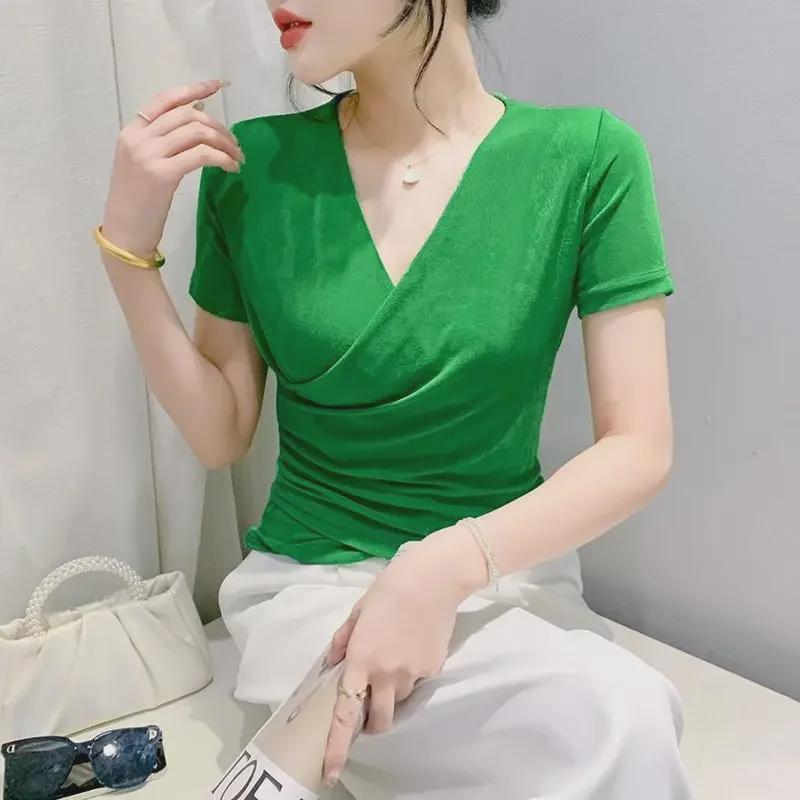 

2024 Лето V-образный вырез Тонкий короткий рукав сетчатая футболка пуловер для женщин S зелёный