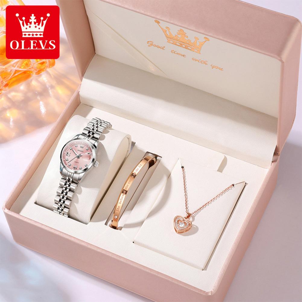 OLEVS Quarzuhren Armband Halsketten Sets für Damen Luxus Top Marke Automatisches Datum Wasserdicht Elegante Damen Kleid Armbanduhr Geschenk