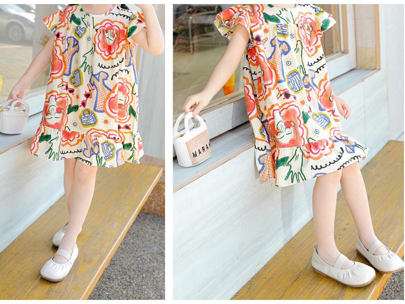 Oujitu Girls' Lace Sleeve Cotton A-line Skirt Dress with Cartoon Print - Spring Children's Clothing