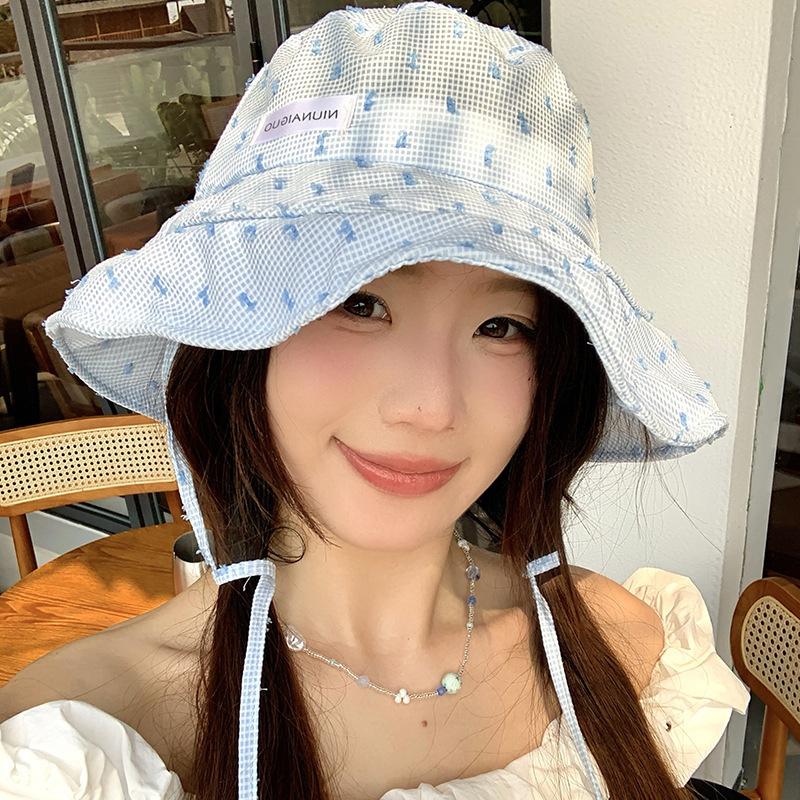 New Sweet Big Brim Fisherman Hat Children Spring and Summer Seaside Vacation Small Fresh Plaid Sunscreen Visor