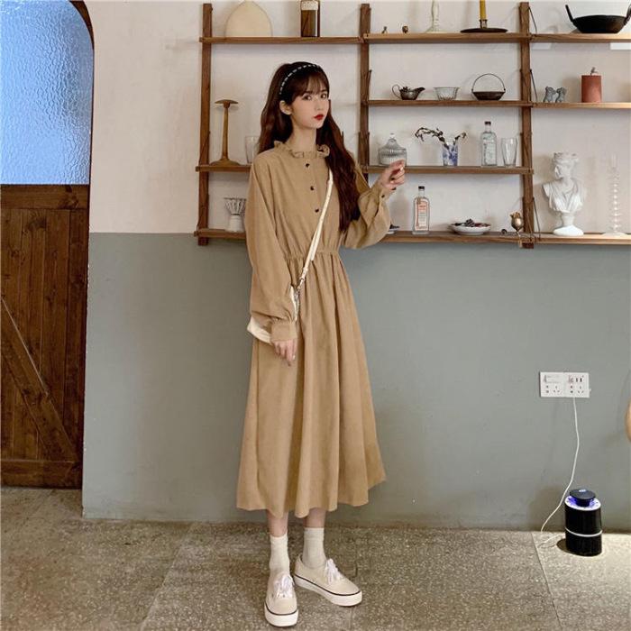 

2026 Spring Retro Mid-Length Ruffle Dress with Cinched Waist Medium абрикосовый