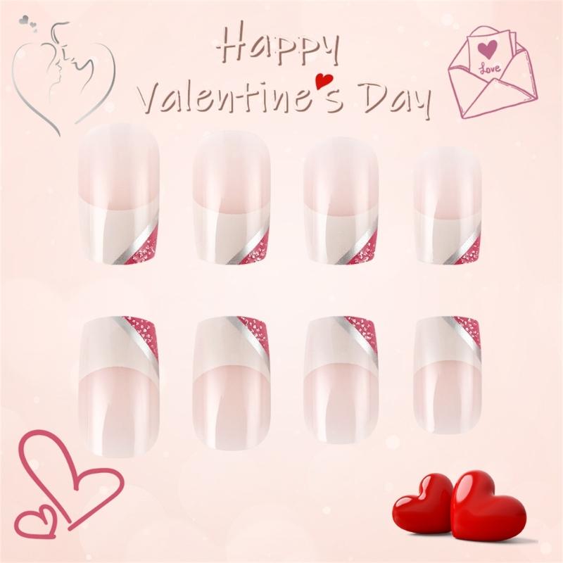 24 Pcs Short Square False Nail with Heart Artificial Nail Valentines Day Press On Nail French Tip Stick on Nail