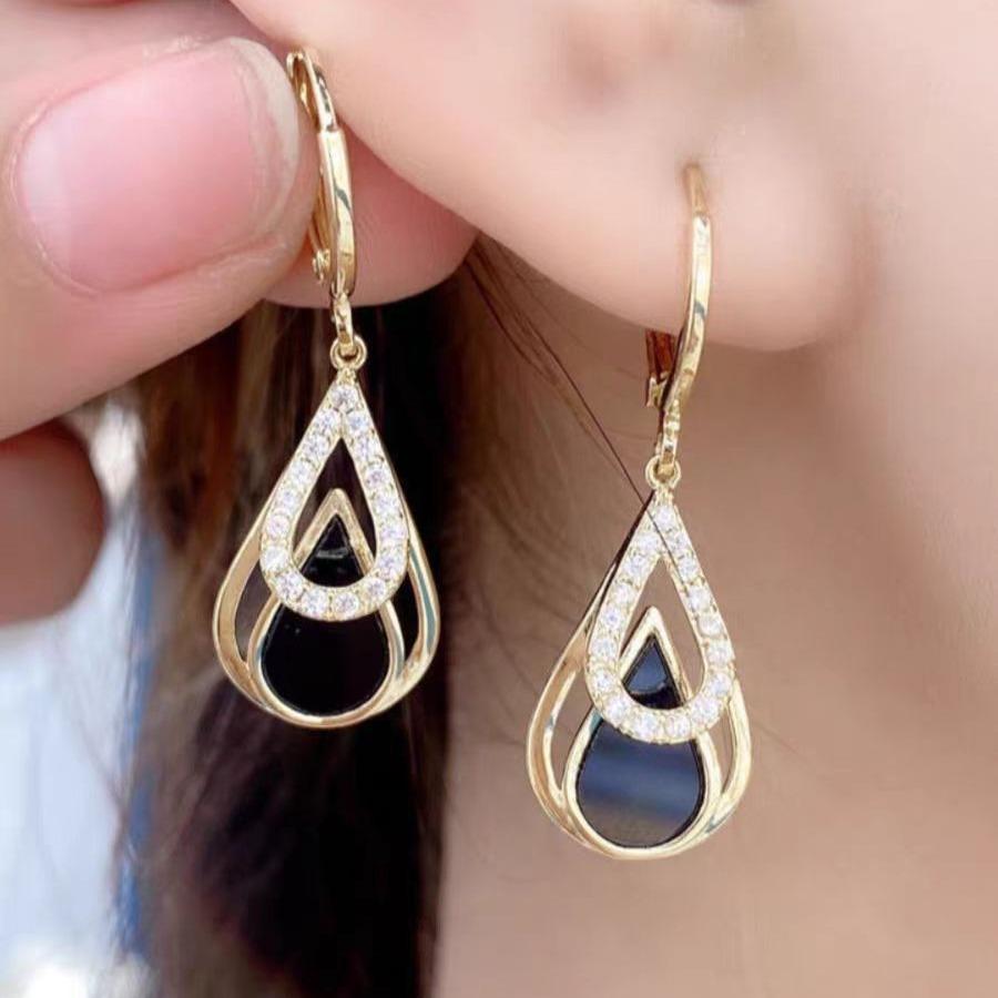 Trendy Rhinestones Black Enamel Oil Water Drop Dangle Earrings for Women Party Golden Hollow Out Round Hoop Jewelry Gift
