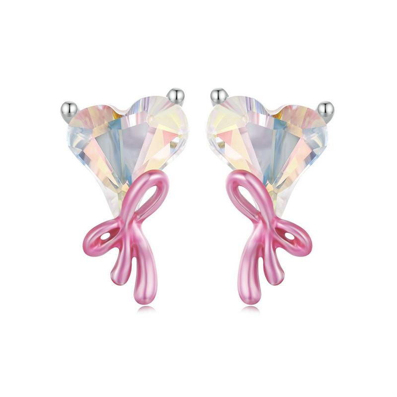 WOSTU 925 Sterling Silver Princess Pink Bow Heart Stud Earrings Women Lovely Crystal Pearl Ear Studs Girl Birthday Jewelry Gift