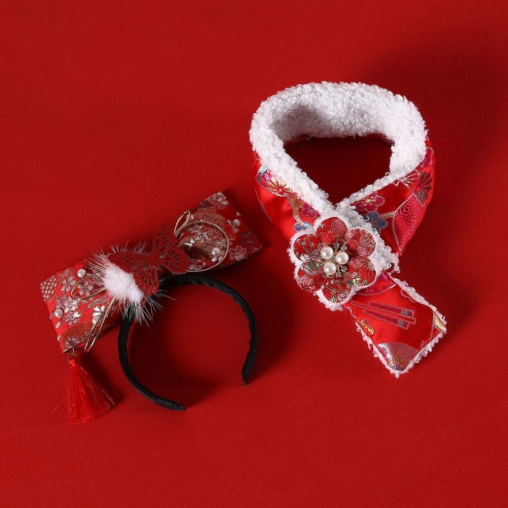 

Cartoon Pet Scarf Warm Pet Holiday Scarf Practical Pet Hair Band New Year Red-Style A