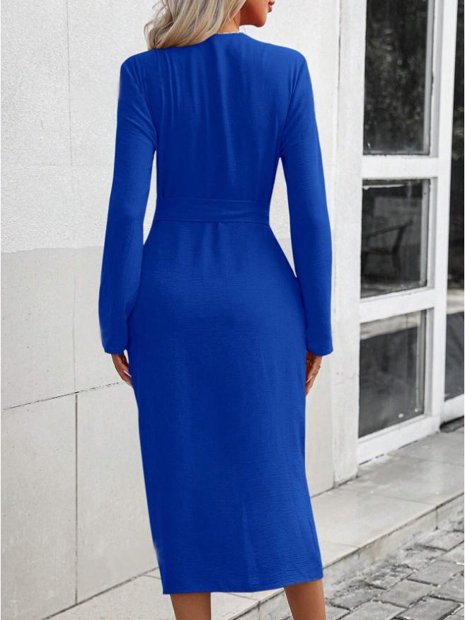 Autumn Solid Color Waist-Tied Turn-Down Collar Slit Dress for Women