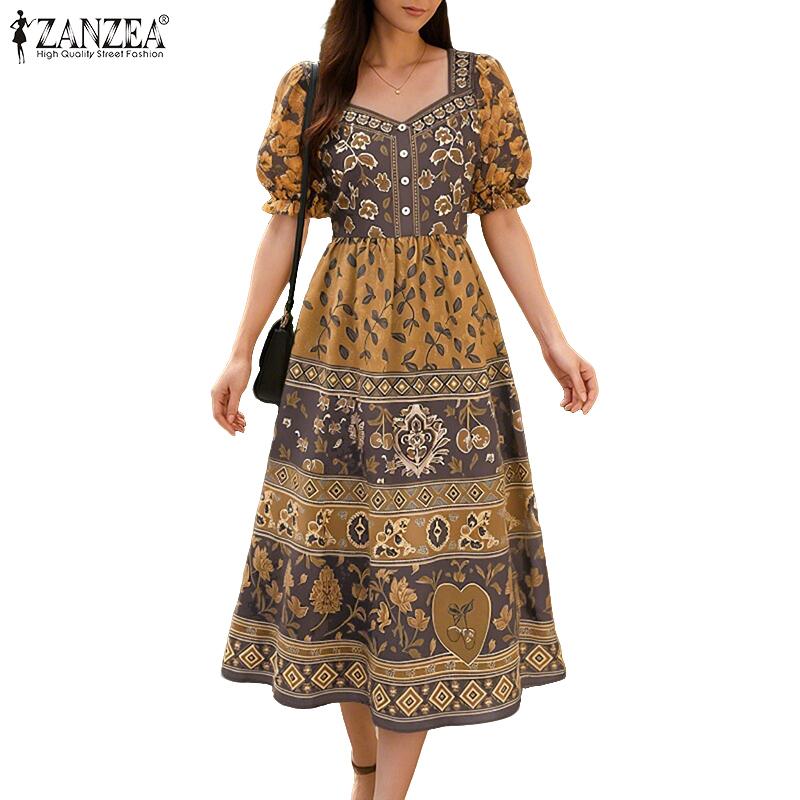 ZANZEA Womens Summer Printing Loose Casual Short Sleeve Dress