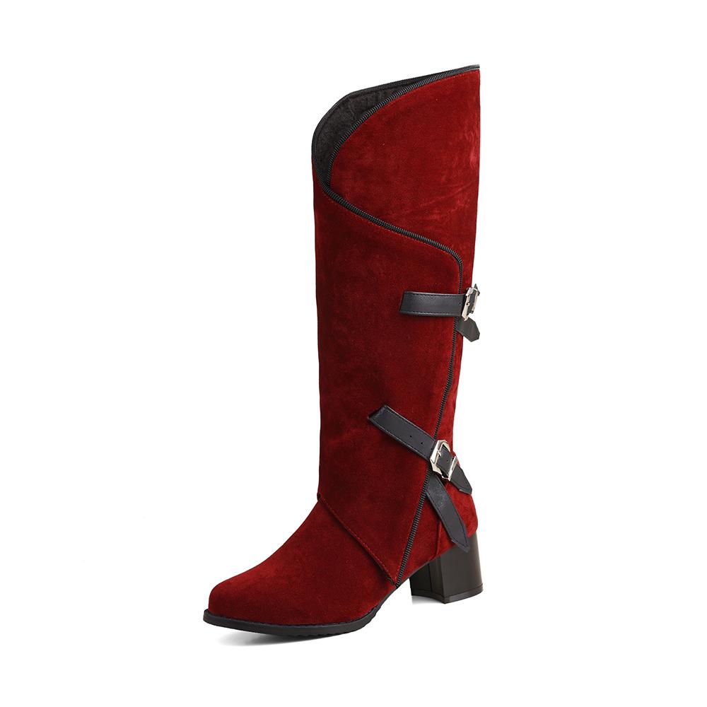Red Black Women Knee High Boots High Square Heel Big Size 47