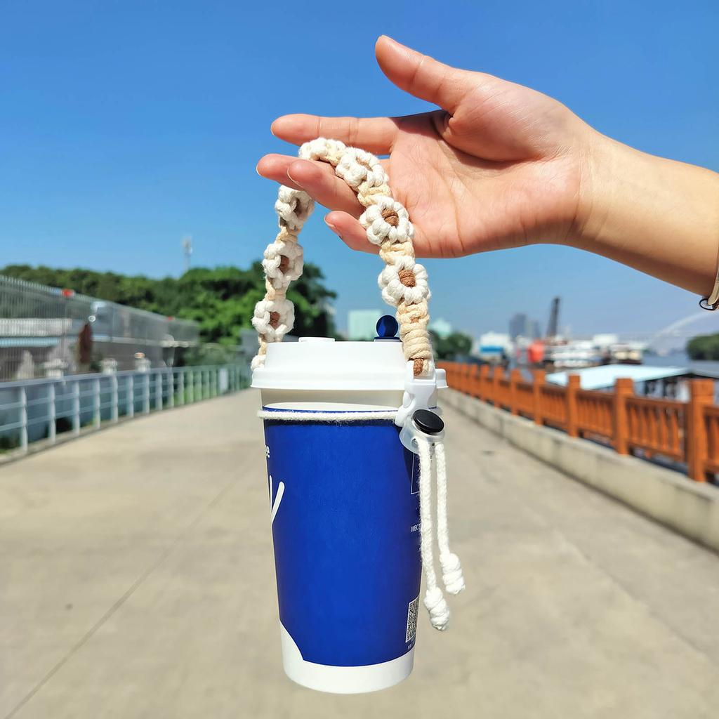 Handwoven Flower Lanyard Hanging Rope Water Bottle Strap Coffee Takeaway Kettle Supplies Portable Wristband Keyring
