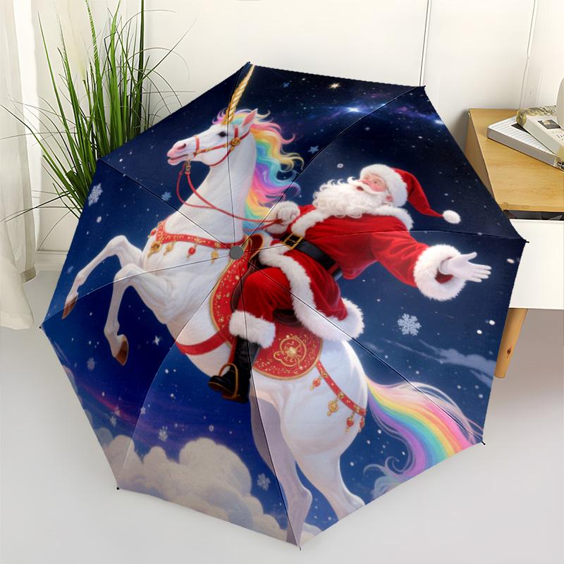 Christmas Santa & Rainbow Unicorn Print Umbrella, Compact Auto Open/Close Travel Umbrella, Windproof Waterproof for Holiday Season