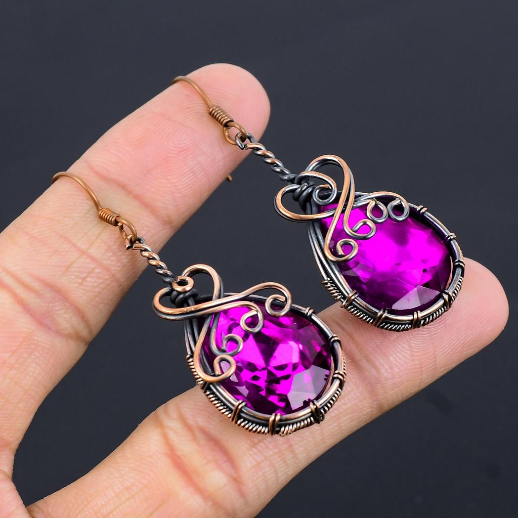 Pink Tourmaline Gemstone Earrings, Handmade 999 Copper Wire Wrapped Jewelry, Meditation Earrings Jewelry For Women