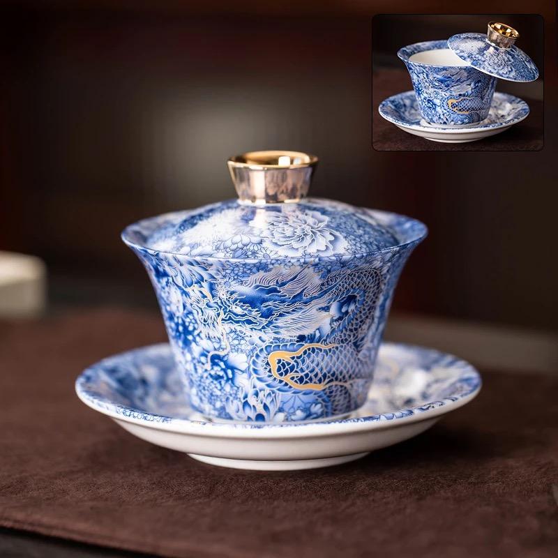 360° Hovering Lid Gaiwan – Jade Porcelain Three-Part Chinese Tea Bowl for Gongfu Brewing