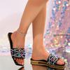 Fashion Female Bling Luxury Slippers Women's Rhinestone Wide Strap Square Toe Slippers Flip Flops Flat Sandals Ladies Slippers Shoes