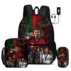 Ronaldo 3 Pcs Set School Bags Backpack with USB Interface CR Football Star Shoulder Bag Football Sports Pencil Bag Kids Rucksack