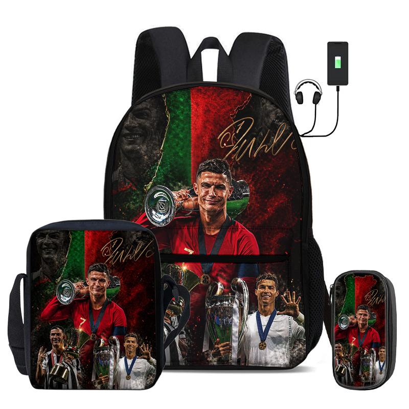 Ronaldo 3 Pcs Set School Bags Backpack with USB Interface CR Football Star Shoulder Bag Football Sports Pencil Bag Kids Rucksack