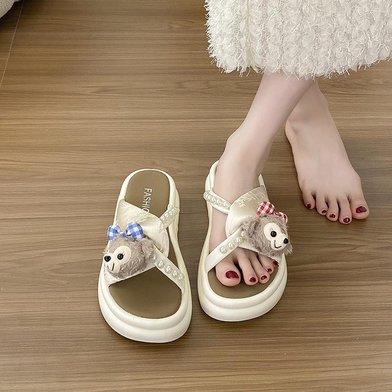 Beach Shoes Cool Slippers Accessories Korean Exterior Women's Slippers Flip-flops Seaside Flip-flops Bear Pinch Feet Fashion Casual