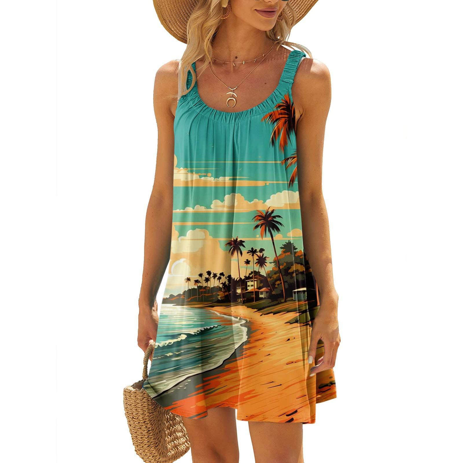 

Женское модное летнее пляжное повседневное милое платье на бретельках без рукавов с принтом XL