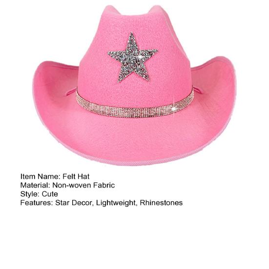Felt Hat Sparkling Star Decor Wide Brim Western Cowboy Kids Hat Lightweight Fabric Party Festival Outdoor Hair Accessory