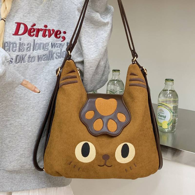 Cartoon Cat Tote Bag With Embroidered Animal Details And Zipper Closure For Office And Casual Wear