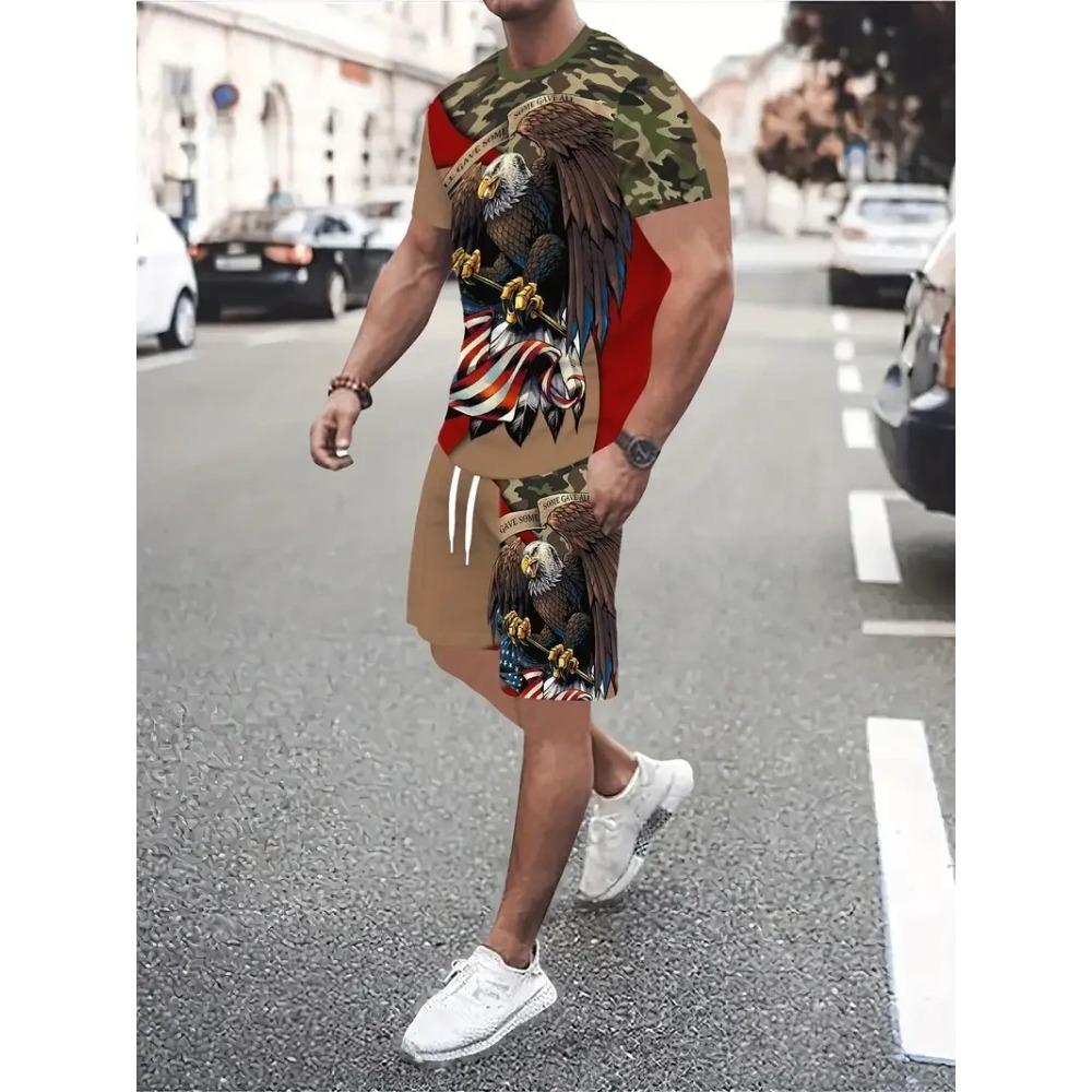 Summer Men Hip Hop Style Printed Men's Crew Neck T-shirt Shorts Set  Fashionable Cartoon Print Street Casual Everything