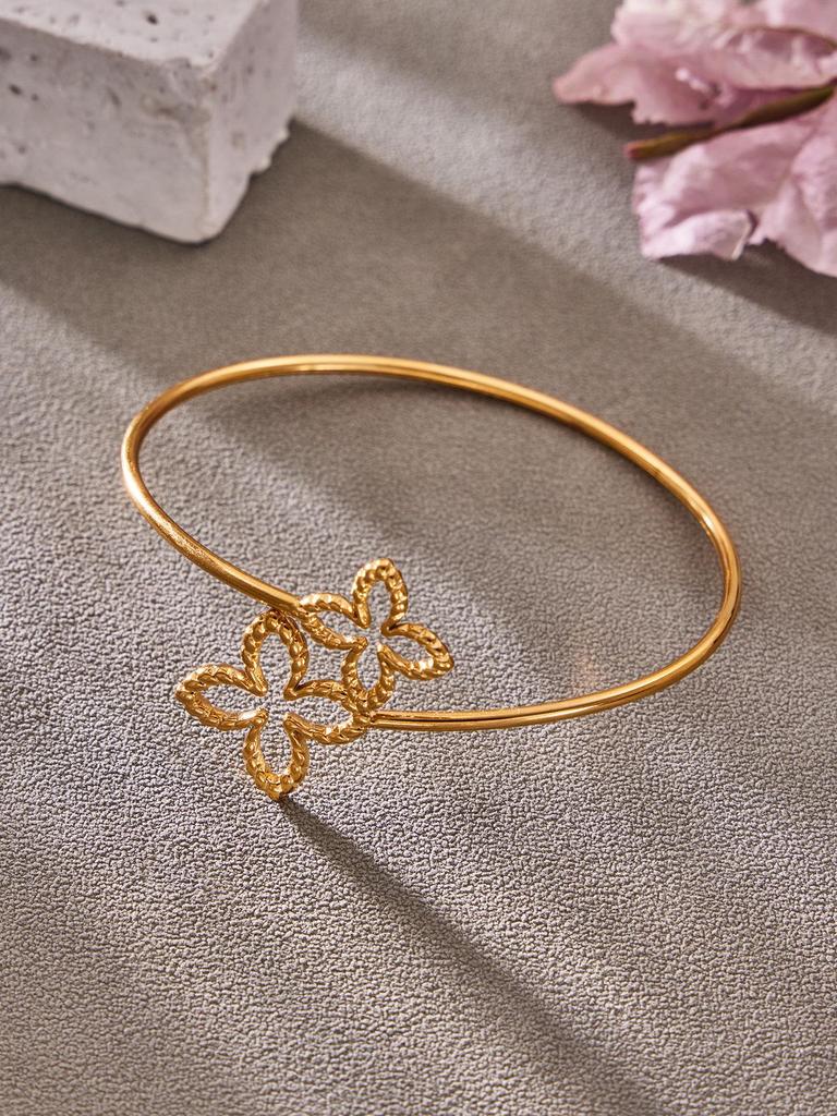 Elegant Double Flower Open Bracelet, 18k Gold-Plated Stainless Steel