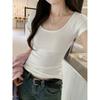 U-neck Design Sense Spice Girl Short-sleeved T-shirt Women's Summer New Front Shoulder Slim and Thin Versatile Low Collar Trendy