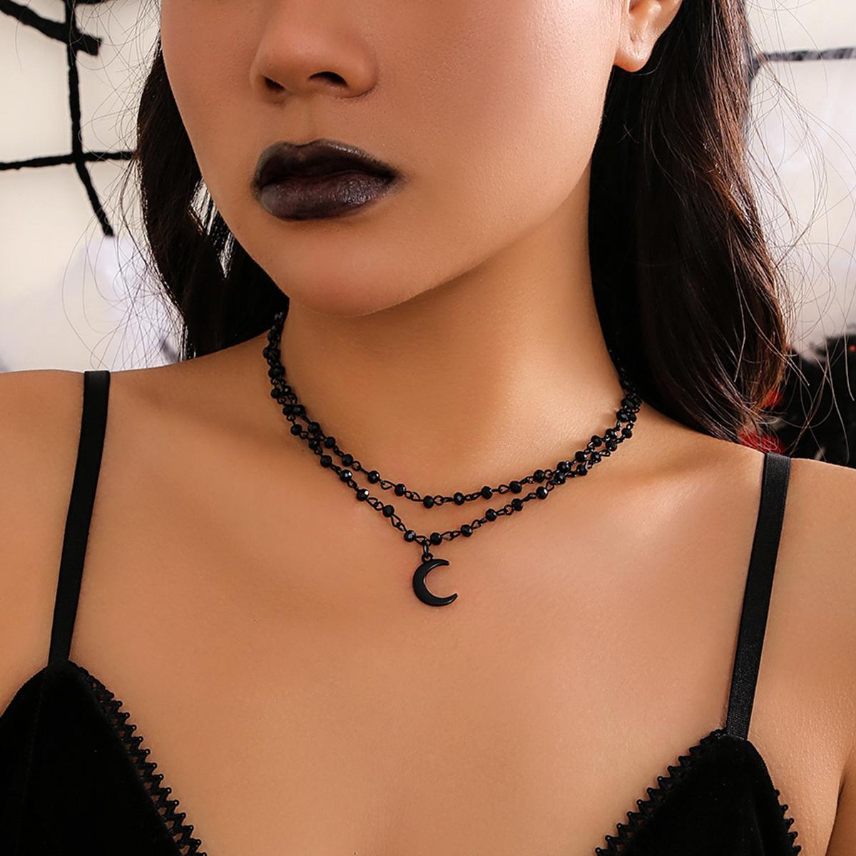 

2Pcs/Set Gothic Black Cross Jesus Pendant Necklace for Women Punk Vintage Star Moon Beads Chain Halloween Jewelry Accessories