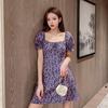 French floral dress women's summer new square neck bubble sleeves waist thin small short skirt sweet girl