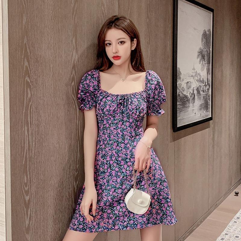 French floral dress women's summer new square neck bubble sleeves waist thin small short skirt sweet girl